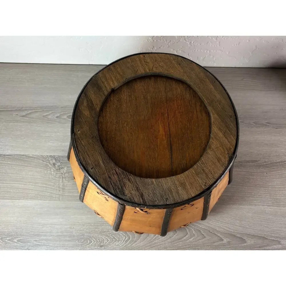 Vintage Rustic Wood & Leather Laced Basket Handcrafted Planter Bowl 16” Diameter